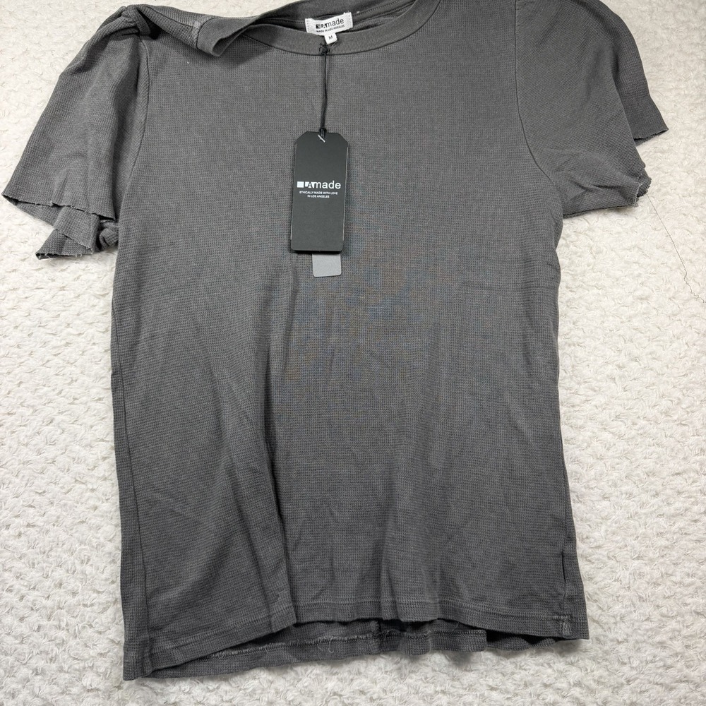 LA Made Women Basic Crew-Neck Gray Cotton Short Sleeve T-Shirt Size M Raw Hem